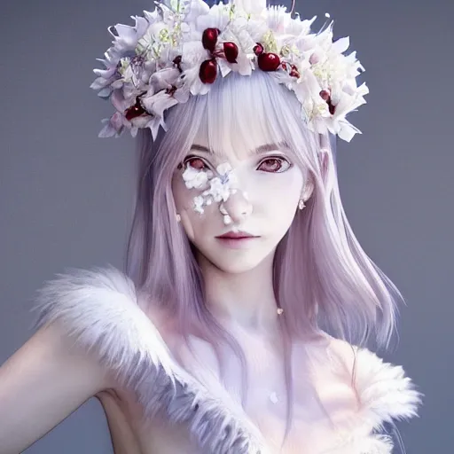 the portrait of the absurdly beautiful, graceful, elegant, gorgeous, fashionable photorealistic anime european woman made of cherries and white petals with tears, an ultrafine hyperrealistic illustration by kim jung gi, irakli nadar, intricate linework, bright colors, octopath traveler, final fantasy, unreal engine highly rendered, global illumination, radiant light, intricate environment, 3D