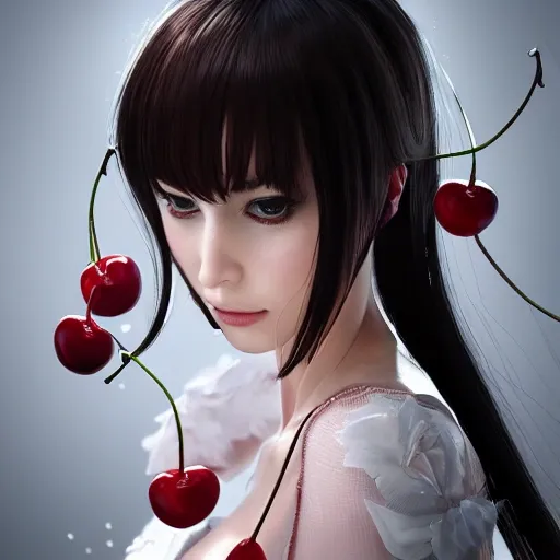 the portrait of the absurdly beautiful, graceful, elegant, gorgeous, fashionable photorealistic anime european woman made of cherries and white petals with tears, an ultrafine hyperrealistic illustration by kim jung gi, irakli nadar, intricate linework, bright colors, octopath traveler, final fantasy, unreal engine highly rendered, global illumination, radiant light, intricate environment, 3D