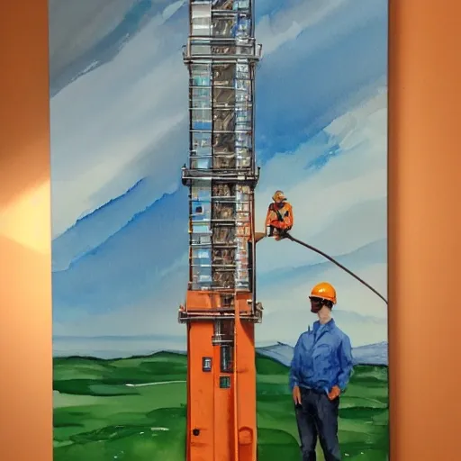 create an image of a proud engineer, holding up a piece of flat, rubbery-looking hoist cable, and pointing to it proudly as if to say, “This is the future of elevators.”,  Oil Painting, Water Color