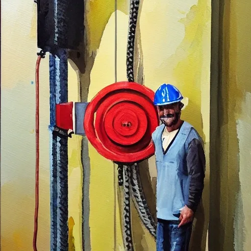 create an image of a proud engineer, holding up a piece of flat, rubbery-looking hoist cable, and pointing to it proudly as if to say, “This is the future of elevators.”,  Oil Painting, Water Color