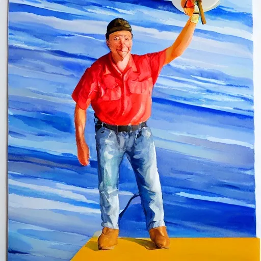 create an image of a proud engineer, holding up a piece of flat, rubbery-looking hoist wire rope, and pointing to it proudly as if to say, “This is the future of elevators.”,  Oil Painting, Water Color