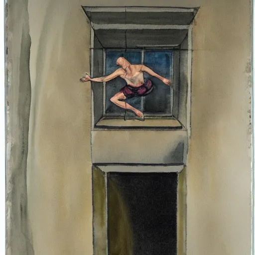  create an image of a person risking life and limb by elevator surfing, dangling precariously above a blank and windowless shaft, Water Color, Oil Painting