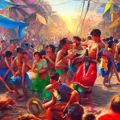 fiesta filipino province painting, oil on canvas, trending on artstation, cinematic composition, extreme detail, metahuman creator ,(best quality:1.4), ((masterpiece)),((realistic)), (detailed),