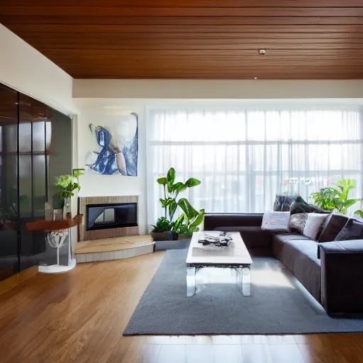 A modern living room with a beautifuldecorative tiles table between 2 white sofas ,on the left of the living room there are floor to ceiling glass window and on the right of the living room there are wooden stairs to the second floor, 2k resolution, professional interior design photograph