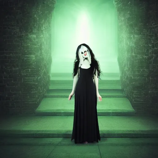 gothic church background, dark setting, light particles, BREAK
1girl, mature looking, pale, black long hair, green eyes, chocker, dark lipstick, long hair, menacing, vampire, dutch angle, naked
