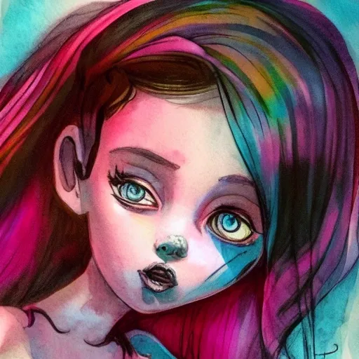 , Water Color, Cartoon
child with dark hair is standing on a dark background, in the style of tatiana suarez, zbrush, tim burton, dark pink, john larriva, illustration, gloomy
