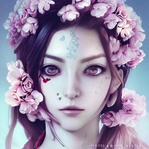 the portrait of the absurdly beautiful, graceful, elegant, gorgeous, fashionable photorealistic anime european woman made of cherries and white petals with tears, an ultrafine hyperrealistic illustration by kim jung gi, irakli nadar, intricate linework, bright colors, octopath traveler, final fantasy, unreal engine highly rendered, global illumination, radiant light, intricate environment