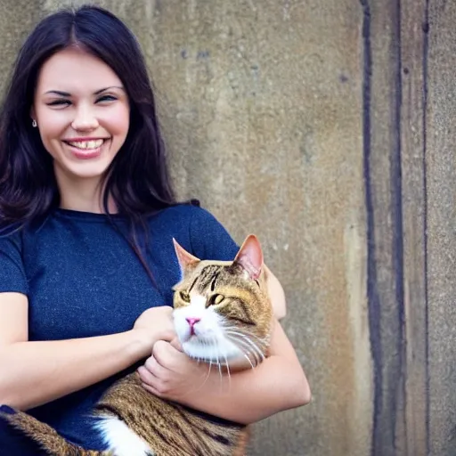 a beautiful woman, who smiling with a cat
