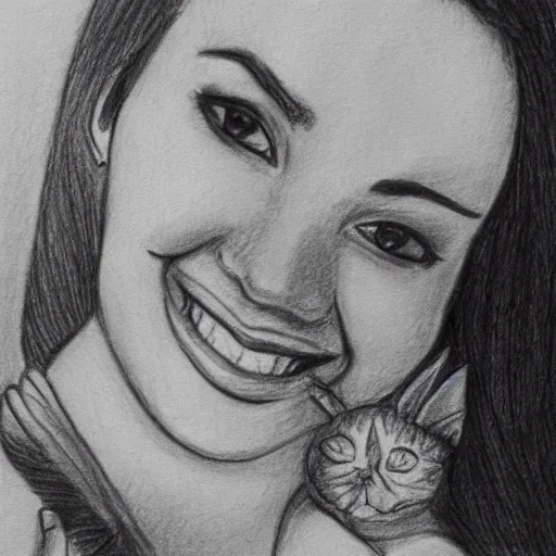 a beautiful woman, who smiling with a cat
, Pencil Sketch