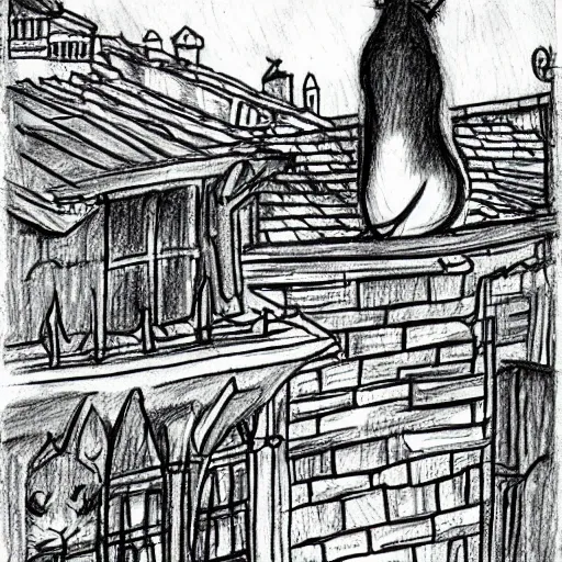 a cat on the rooftoop of medieval city's
, Pencil Sketch