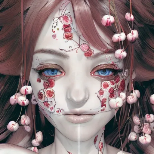 the portrait of the absurdly beautiful, graceful, elegant, gorgeous, fashionable photorealistic anime european woman made of cherries and white petals with tears, an ultrafine hyperrealistic illustration by kim jung gi, irakli nadar, intricate linework, bright colors, octopath traveler, final fantasy, unreal engine highly rendered, global illumination, radiant light, intricate environment