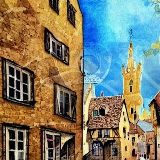 a piece of cat's life.
middle ages, beautiful happy picturesque charming medieval town, beautiful light, artistic water color