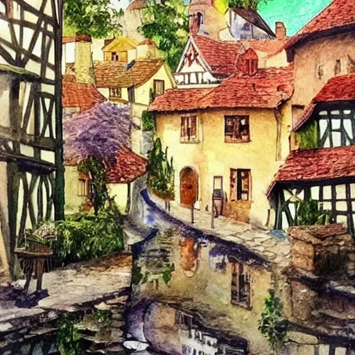 a piece of cat's life, middle ages, beautiful happy picturesque charming medieval town, beautiful light, artistic water color