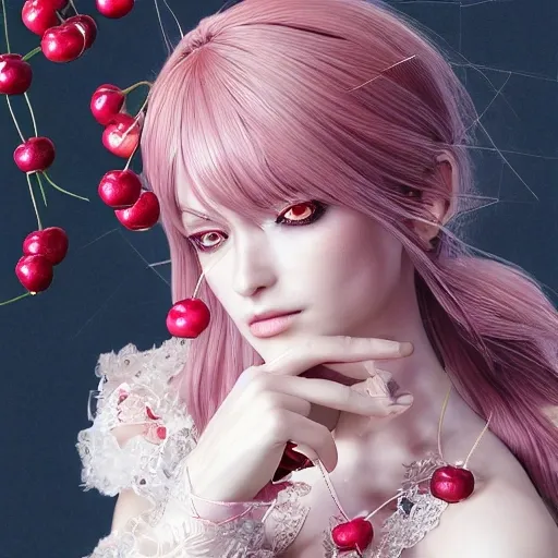 the portrait of the absurdly beautiful, graceful, elegant, gorgeous, fashionable photorealistic anime european woman made of cherries and white petals with tears, an ultrafine hyperrealistic illustration by kim jung gi, irakli nadar, intricate linework, bright colors, octopath traveler, final fantasy, unreal engine highly rendered, global illumination, radiant light, intricate environment