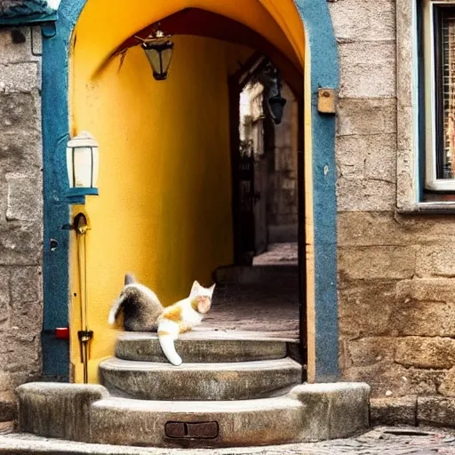 Contemplative cat on a corner, beautiful happy picturesque charming medieval town, beautiful light, nice color sheme, artistic water color 