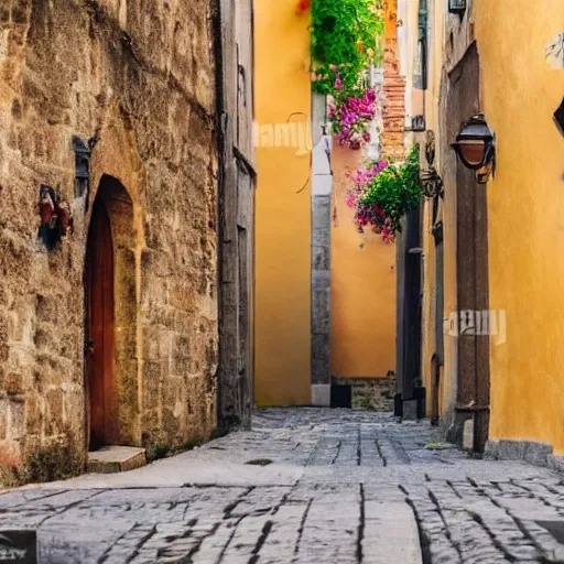 Contemplative cat on the first plan, beautiful happy picturesque charming medieval town, beautiful light, nice color sheme, artistic water color 