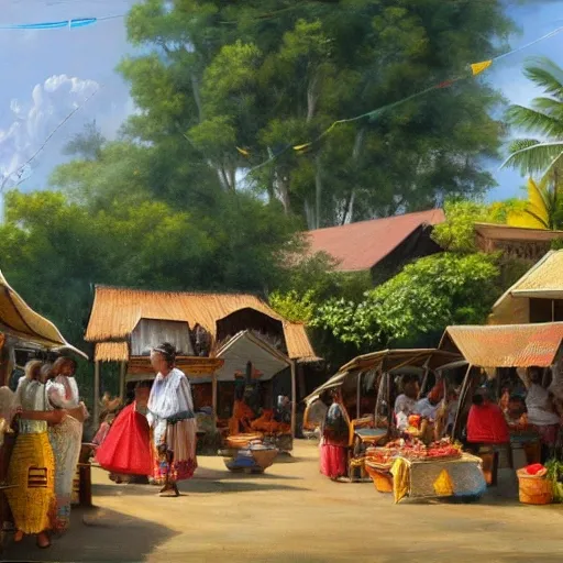 a traditional filipino town fiesta on a small village on the Province. a church in the shade of a hundred-year-old acasia tree; a friendly atmosphere around vendor.  unreal engine rendering, hyper-realist, ultra-detailed, oil painting, warm colors, happy,  Da Vinci, style of amorsolo --ar 2:3
Steps: 20, Hires upscale: 2, Hires steps: 15, Hires upscaler: 4x-UltraSharp,