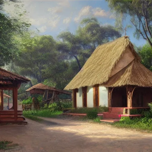 a traditional filipino townwith river Province. a church in the shade of a hundred-year-old acasia tree; a friendly atmosphere around vendor.  unreal engine rendering, hyper-realist, ultra-detailed, oil painting, warm colors, happy,  Da Vinci, style of amorsolo --ar 2:3
Steps: 20, Hires upscale: 2, Hires steps: 15, Hires upscaler: 4x-UltraSharp,