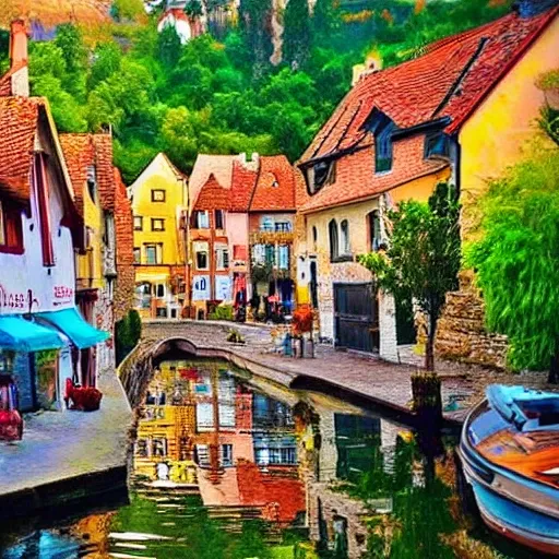 beautiful happy picturesque charming medieval town, beautiful light, nice color sheme, artistic water color 