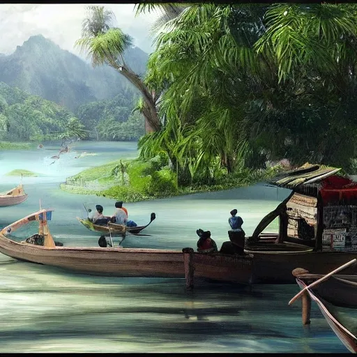 a traditional filipino  Province with river. a church in the shade of a hundred-year-old acasia tree; a friendly atmosphere around vendor.  unreal engine rendering, hyper-realist, ultra-detailed, oil painting, warm colors, happy,  Da Vinci, style of amorsolo --ar 2:3
Steps: 20, Hires upscale: 2, Hires steps: 15, Hires upscaler: 4x-UltraSharp,