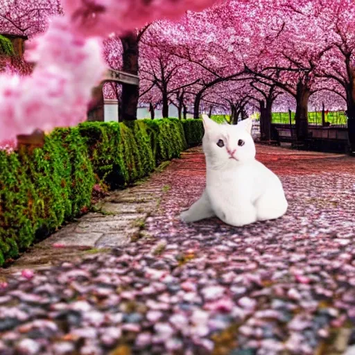 a cat sleeping under the cherry blossoms, beautiful happy picturesque charming medieval town, beautiful light, nice color sheme, artistic water color 