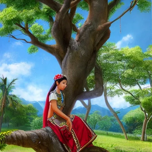 a traditional filipino  ethnic. female on hundred-year-old acasia tree; a friendly atmosphere around 1900 year town.  unreal engine rendering, hyper-realist, ultra-detailed, oil painting, warm colors, happy,  Da Vinci, style of amorsolo --ar 2:3
Steps: 20, Hires upscale: 2, Hires steps: 15, Hires upscaler: 4x-UltraSharp,