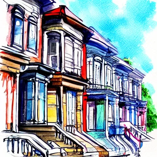 montreal street lined with old residential houses summer watercolor by arti chauhan trending on artstation 