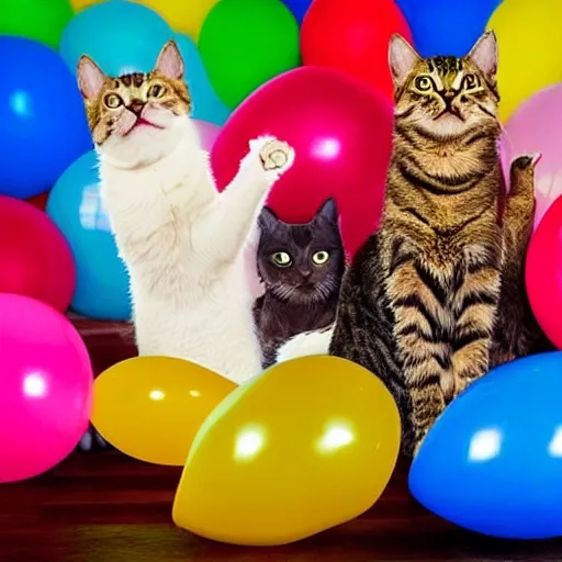 cats smile, party cats, baloons, cats cute, six cats 
