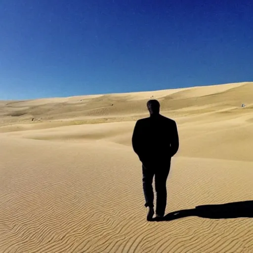 unknown faced man walks in the sands the sun in his right the moon in his left