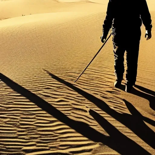 unknown faced man walks in the sands the sun in his right the moon in his left