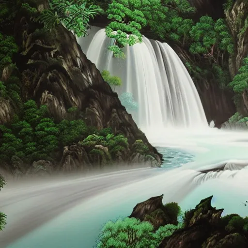 A traditional Chinese painting of a majestic waterfall cascading down a mountain surrounded by lush greenery; Landscape, Nature; Gongbi; Dramatic lighting with contrasting shadows; Monochromatic Ethereal, sharp focus, highly detailed, magnificent; by Wang Hui, Li Cheng, and Ma Yuan; Unreal engine 5