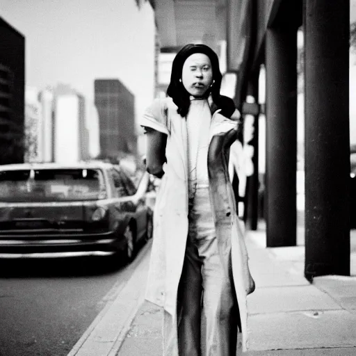 street style photo of a woman, shot on Fujifilm Neopan Acros 100 --seed 1 --v 5