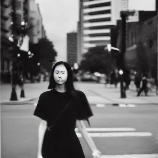 street style photo of a woman, shot on Fujifilm Neopan Acros 100 --seed 1 --v 5, Oil Painting