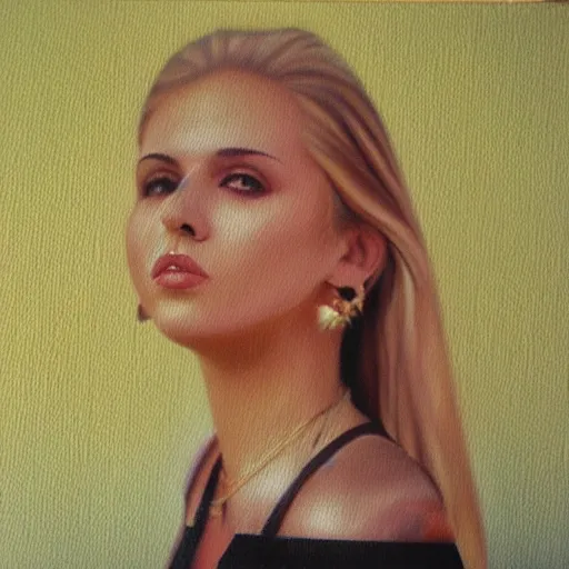 , Oil Painting street style photo of a blonde pretty woman, shot on Fujifilm Vibrant Velvia --seed 3--v 3