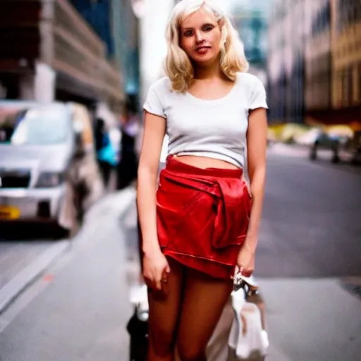 street style photo of a blonde pretty woman, shot on Fujifilm Astia --seed 2 --v 3