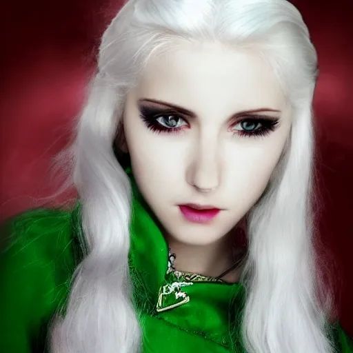 White hair, green eyes, hood, rose lips, white skin, elf wood, beautiful, warrior, ranger, full body 3D, elf