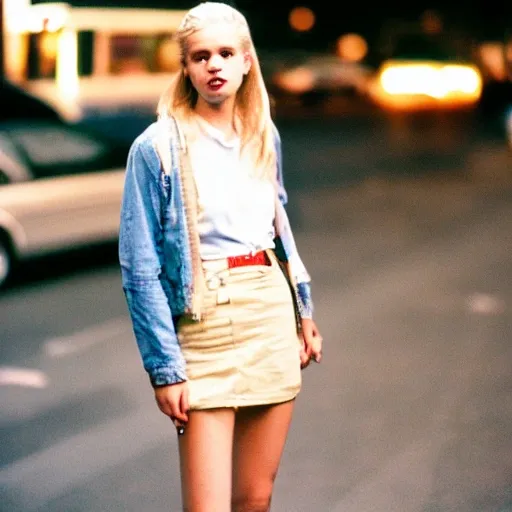 street style photo of a young Blonde very nice and pretty woman, shot on CineStill 800T --seed 1 --v 5