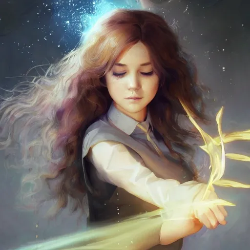 realistic portrait of a innocent young teen girl, d&d magic fantasy, dark magical school student uniform, light curly hair, casting a bright large-scale magical spell around herself, overflowing energy, highly detailed, digital painting, trending on artstation, pixiv, concept art, sharp focus, illustration, art by Ross Tran and Greg Rutkowski and Walt Disney animation