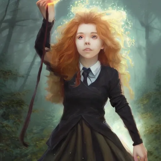 realistic portrait of a innocent young teen girl, d&d magic fantasy, dark magical school student uniform, light curly hair, casting a bright large-scale magical spell around herself, overflowing energy, highly detailed, digital painting, trending on artstation, pixiv, concept art, sharp focus, illustration, art by Ross Tran and Greg Rutkowski and Walt Disney animation