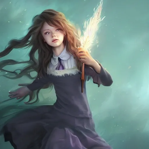 realistic portrait of a innocent young teen girl, d&d magic fantasy, dark magical school student uniform, light curly hair, casting a bright large-scale magical spell around herself, overflowing energy, highly detailed, digital painting, trending on artstation, pixiv, concept art, sharp focus, illustration, art by Ross Tran and Greg Rutkowski and Walt Disney animation