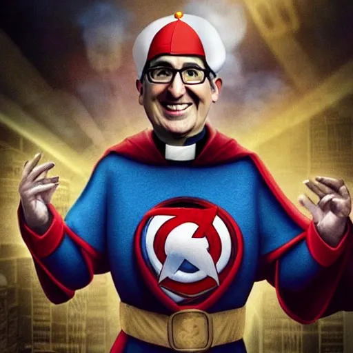 Pope Hat John Oliver in an alternate reality being a superhero
