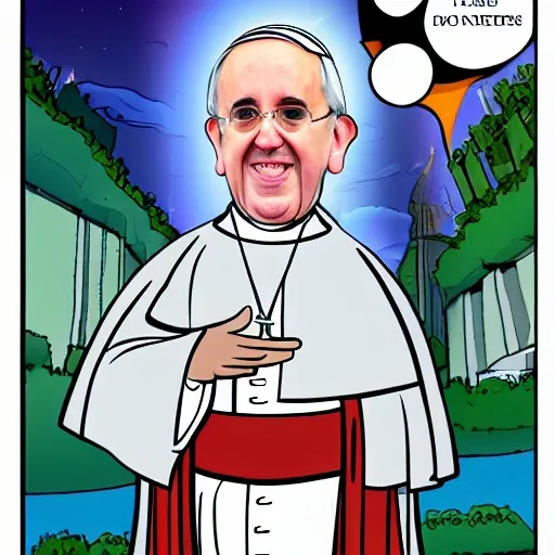 , Cartoon pope francis in an alternate reality being a superhero
