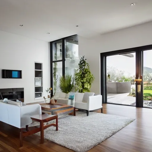 A modern living room with a beautiful decorative tiles table between 2 white sofas ,on the left of the living room there are floor to ceiling glass window and on the right of the living room there are wooden stairs to the second floor, 4k resolution, professional interior design photograph