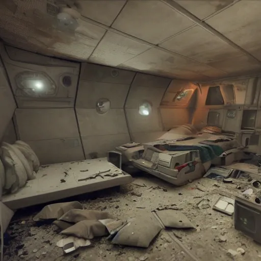 Generate an image of a living quarters on a spaceship, with destroyed bunks and personal belongings scattered across the room. The scene should be filled with a sense of loss and tragedy as visitors imagine the lives that were lost in the battle