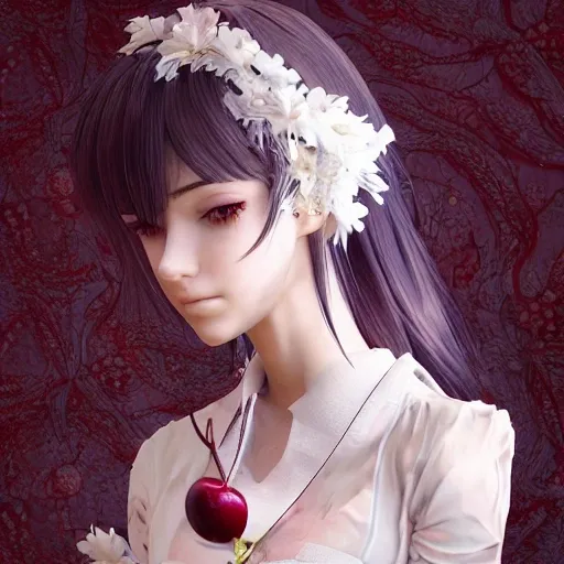 the portrait of the absurdly beautiful, graceful, elegant, gorgeous, fashionable photorealistic anime european woman made of cherries and white petals with tears, an ultrafine hyperrealistic illustration by kim jung gi, irakli nadar, intricate linework, bright colors, octopath traveler, final fantasy, unreal engine highly rendered, global illumination, radiant light, intricate environment, 3D, 3D