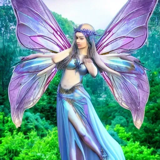 Goddess fairy on elven-like castle balcony, overlooking lush forest. Translucent wings, shimmering hair, lost in contemplation. Enchanting world."