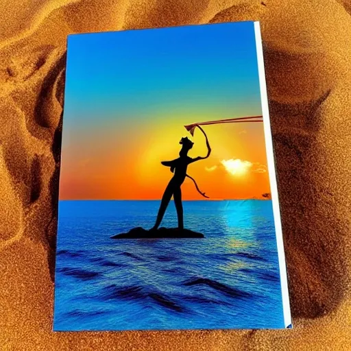 sunset scene of a beach with a bow standing on the ground looking towards sun pixel art as a book cover , 3D