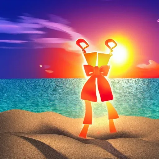 sunset scene of a beach with a bow standing on the ground looking towards sun (pixel art) as a book cover , 3D