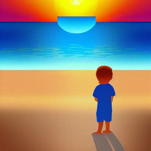 sunset scene of a beach with a boy standing on the ground looking towards sun (pixel art) as a book cover , 3D