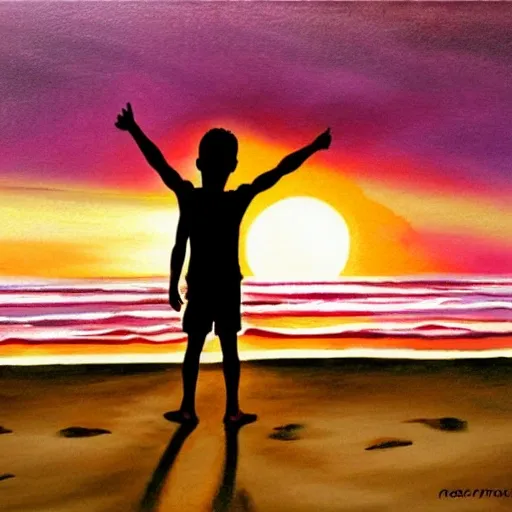 sunset scene of a beach with a boy standing on the ground looking towards sun, pink sky, boy is sad, romantic anima style drawing, ultra realistic, highly detailed, Oil Painting